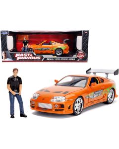 1995 Toyota Supra Orange Metallic with Lights and Brian Figurine "Fast & Furious" Movie 1/18 Diecast Model Car by Jada