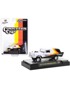 1957 Chevrolet Sedan Delivery Gasser "Competition Cams" White and Black with Yellow and Orange Stripes Limited Edition to 7480 pieces Worldwide 1/64 Diecast Model Car by M2 Machines