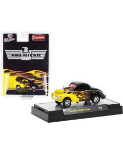 1941 Willys Coupe Gasser Black with Yellow Flames Limited Edition to 6050 pieces Worldwide 1/64 Diecast Model Car by M2 Machines