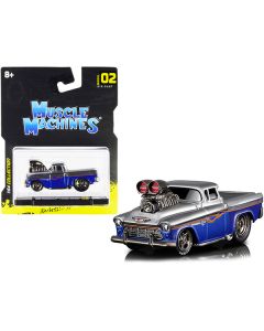 1955 Chevrolet Cameo Pickup Truck Gray and Blue Metallic with Flames 1/64 Diecast Model Car by Muscle Machines