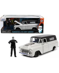 1957 Chevrolet Suburban Gray and Black with Graphics and Frankenstein Diecast Figurine "Universal Monsters" "Hollywood Rides" Series 1/24 Diecast Model Car by Jada