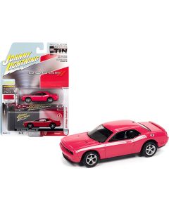 2010 Dodge Challenger R/T Furious Fuchsia Pink with White Stripes and Collector Tin Limited Edition to 5036 pieces Worldwide 1/64 Diecast Model Car by Johnny Lightning