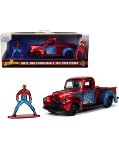 1941 Ford Pickup Truck Candy Red and Blue and Proto-Suit Spider-Man Diecast Figurine "Marvel" Series "Hollywood Rides" Series 1/32 Diecast Model Car by Jada