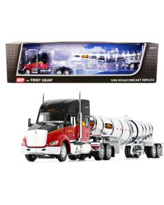 Kenworth T680 76" Mid-Roof Sleeper Cab Black and Red and Chrome Polar Deep Drop Tanker "Lonewolf Petrolum Co." 1/64 Diecast Model by DCP/First Gear