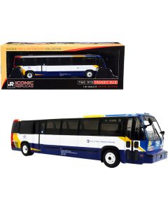 1999 TMC RTS Transit Bus #99 Journal Square Coach USA "Red & Tan in Hudson County" (New Jersey) White and Blue with Red and Yellow Stripes "The Vintage Bus & Motorcoach Collection" 1/87 (HO) Diecast Model by Iconic Replicas