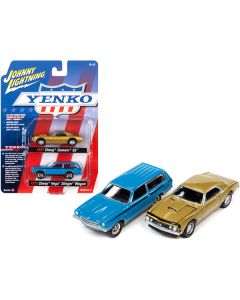 1967 Chevrolet Camaro SS Gold Metallic and 1972 Chevrolet Vega Stinger Wagon Blue "YENKO" Set of 2 Cars 1/64 Diecast Model Cars by Johnny Lightning