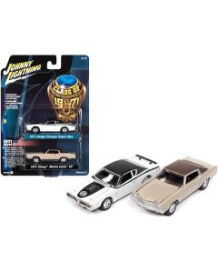 1971 Dodge Charger Super Bee White and 1971 Chevrolet Monte Carlo SS Sandalwood Brown "Class of 1971" Set of 2 Cars 1/64 Diecast Model Cars by Johnny Lightning