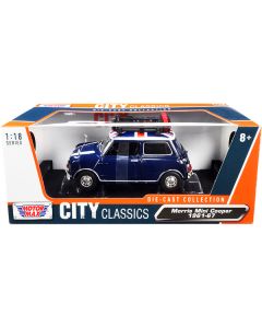 1961-1967 Morris Mini Cooper RHD (Right Hand Drive) Dark Blue with British Flag on the Top and Roof Rack "City Classics" Series 1/18 Diecast Model Car by Motormax