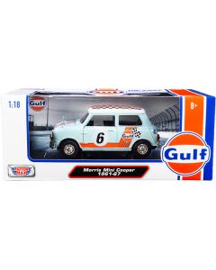 1961-1967 Morris Mini Cooper RHD (Right Hand Drive) #6 "Gulf Oil" Light Blue with Orange Stripes and Checkered Top "City Classics" Series 1/18 Diecast Model Car by Motormax