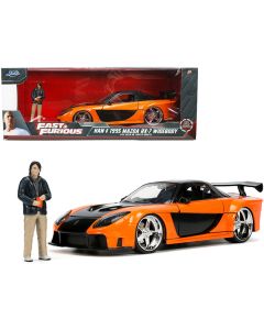 1995 Mazda RX-7 Widebody RHD (Right Hand Drive) Orange Metallic and Black with Han Diecast Figurine "The Fast and the Furious: Tokyo Drift" (2006) Movie 1/24 Diecast Model Car by Jada