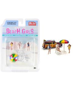 "Beach Girls" 5 piece Diecast Set (3 Figurines 1 Beach Chaise and 1 Beach Umbrella) for 1/64 Scale Models by American Diorama