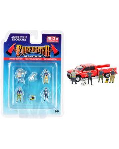 "Firefighter II" 6 piece Diecast Set (4 Figurines 1 Dog and 1 Accessory) for 1/64 Scale Models by American Diorama