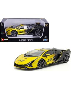 Lamborghini Sian FKP 37 #63 Yellow Metallic and Black 1/18 Diecast Model Car by Bburago