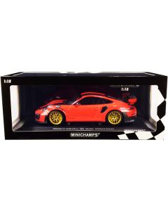 2018 Porsche 911 GT2RS (991.2) Weissach Package Orange with Carbon Stripes and Golden Magnesium Wheels Limited Edition to 300 pieces Worldwide 1/18 Diecast Model Car by Minichamps