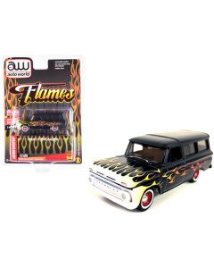 1965 Chevrolet Suburban Custom Matt Black with Flames Limited Edition to 3600 pieces Worldwide 1/64 Diecast Model Car by Auto World