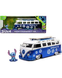 Volkswagen T1 Bus Candy Blue and White with Stitch Diecast Figurine and Surfboard "Lilo & Stitch" Disney "Hollywood Rides" Series 1/24 Diecast Model Car by Jada