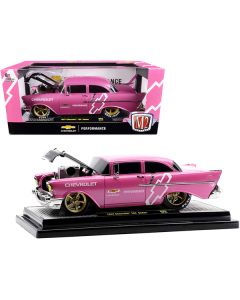 1957 Chevrolet 150 Sedan Medium Pink Pearl with Black Hood and Graphics Limited Edition to 7000 pieces Worldwide 1/24 Diecast Model Car by M2 Machines