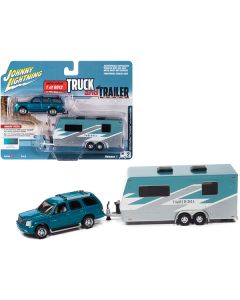 2005 Cadillac Escalade Teal Metallic with Camper Trailer Limited Edition to 6012 pieces Worldwide "Truck and Trailer" Series 1/64 Diecast Model Car by Johnny Lightning