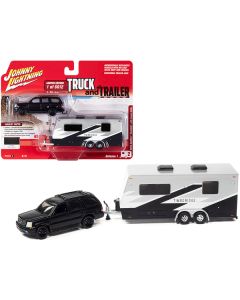 2005 Cadillac Escalade Matt Black with Camper Trailer Limited Edition to 6012 pieces Worldwide "Truck and Trailer" Series 1/64 Diecast Model Car by Johnny Lightning