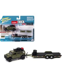 2004 Hummer H2 Medium Sage Green with Open Trailer Limited Edition to 6012 pieces Worldwide "Truck and Trailer" Series 1/64 Diecast Model Car by Johnny Lightning