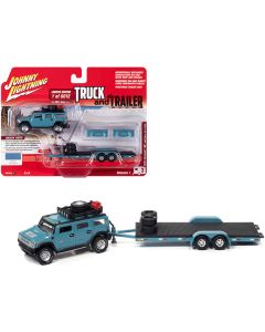 2004 Hummer H2 Ocean Blue with Open Trailer Limited Edition to 6012 pieces Worldwide "Truck and Trailer" Series 1/64 Diecast Model Car by Johnny Lightning