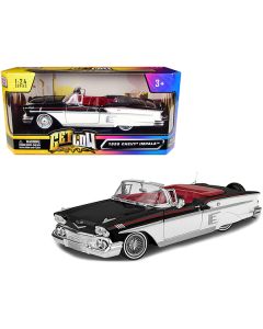 1958 Chevrolet Impala Convertible Lowrider Black and White with Red Interior "Get Low" Series 1/24 Diecast Model Car by Motormax