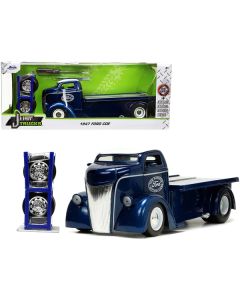 1947 Ford COE Flatbed Truck Dark Blue Metallic with White Top "The Famous Motor Cars" with Extra Wheels "Just Trucks" Series 1/24 Diecast Model by Jada