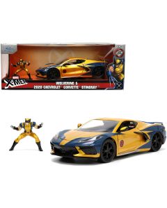 2020 Chevrolet Corvette C8 Stingray Gold Metallic and Dark Blue and Wolverine Diecast Figurine "X-Men" "Marvel" Series "Hollywood Rides" 1/24 Diecast Model Car by Jada