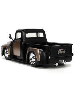 1956 Ford F-100 Pickup Truck Matt Black and Champagne with Flames with Extra Wheels "Just Trucks" Series 1/24 Diecast Model Car by Jada