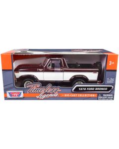 1978 Ford Bronco Ranger XLT (Open Top) with Spare Tire Burgundy Metallic and White "Timeless Legends" Series 1/24 Diecast Model Car by Motormax