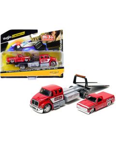 International DuraStar Flatbed Truck and 1987 Chevrolet 1500 Pickup Truck with Bed Cover Red with Graphics "Edelbrock" "Elite Transport" Series 1/64 Diecast Models by Maisto