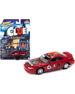 2000 Ford Mustang "Miss Scarlet" Red with Graphics with Poker Chip (Collector Token) "Modern Clue" "Pop Culture" 2022 Release 1 1/64 Diecast Model Car by Johnny Lightning