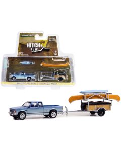 1988 GMC S-15 Sierra Pickup Truck Blue Metallic and White with Stripes and Canoe Trailer and Canoe Rack with Canoe and Kayak "Hitch & Tow" Series 25 1/64 Diecast Model Car by Greenlight