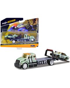 International DuraStar Flatbed Truck #17 and 1988 Ford Mustang LX #17 Light Green Metallic with Stripes and Graphics "Elite Transport" Series 1/64 Diecast Models by Maisto