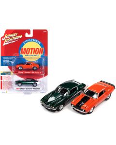 1969 Chevrolet Camaro ZLX Phase III Hugger Orange with Black Stripes and 1973 Chevrolet Camaro Phase III Dark Green Metallic and White "Baldwin Motion" Set of 2 Cars 1/64 Diecast Model Cars by Johnny Lightning