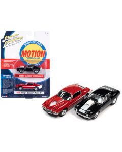 1969 Chevrolet Camaro ZLX Phase III Black with White Stripes and 1973 Chevrolet Camaro Phase III Medium Red and White "Baldwin Motion" Set of 2 Cars 1/64 Diecast Model Cars by Johnny Lightning