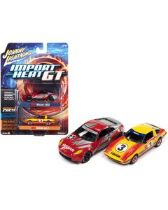 2006 Nissan 350Z #23 Red and Silver with Graphics and 1981 Mazda RX-7 #3 Yellow with Stripes "Import Heat GT" Set of 2 Cars 1/64 Diecast Model Cars by Johnny Lightning