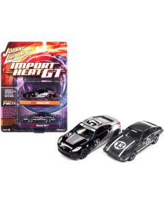 2006 Nissan 350Z #57 Black and Silver with Graphics and 1981 Mazda RX-7 #13 Dark Silver with Stripes "Import Heat GT" Set of 2 Cars 1/64 Diecast Model Cars by Johnny Lightning