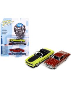 1972 Ford Mustang Convertible Bright Lime Green with Black Hood and Stripes and 1972 Chevrolet Chevelle SS Heavy Chevy Orange Flame Metallic with Black Stripes "Class of 1972" Set of 2 Cars 1/64 Diecast Model Cars by Johnny Lightning