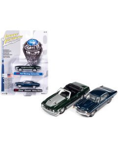 1972 Ford Mustang Convertible Dark Green Metallic with Silver Hood and Stripes and 1972 Chevrolet Chevelle SS Heavy Chevy Fathom Blue Metallic with White Stripes "Class of 1972" Set of 2 Cars 1/64 Diecast Model Cars by Johnny Lightning