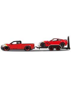 2017 Chevrolet Colorado ZR2 Pickup Truck Red and 2015 Chevrolet Corvette Z06 Red with Flatbed Trailer Set of 3 pieces "Elite Transport" Series 1/24 Diecast Model Cars by Maisto