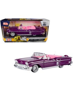 1958 Chevrolet Impala Convertible Lowrider Purple Metallic with Pink Interior "Get Low" Series 1/24 Diecast Model Car by Motormax