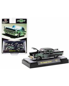 1957 Chevrolet Bel Air Black Metallic with Green Flames Limited Edition to 8250 pieces Worldwide 1/64 Diecast Model Car by M2 Machines