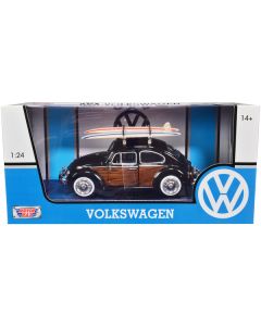 1966 Volkswagen Beetle Black with Wood Panels and Two Surfboards on Roof Rack 1/24 Diecast Model Car by Motormax