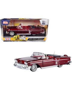 1958 Chevrolet Impala Convertible Lowrider Dark Red Metallic with Red Interior "Get Low" Series 1/24 Diecast Model Car by Motormax