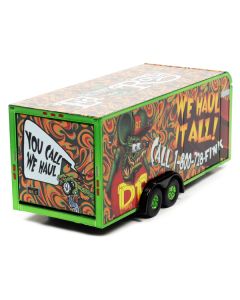 4-Wheel Enclosed Car Trailer Green with Graphics "Rat Fink: We Haul it All!" 1/64 Diecast Model by Auto World