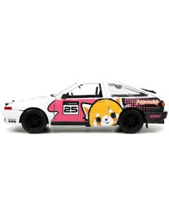 1986 Toyota Trueno (AE86) RHD (Right Hand Drive) #25 White with Graphics and Aggretsuko Diecast Figure "Aggretsuko" "Anime Hollywood Rides" Series 1/24 Diecast Model Car by Jada