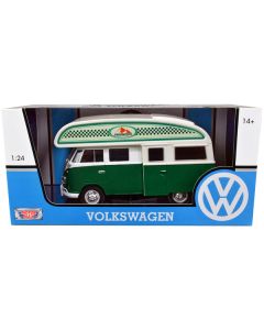 Volkswagen Type 2 (T1) Camper Van Green and White "Outdoor Camping Explore the Forest" 1/24 Diecast Model Car by Motormax