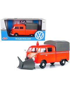 Volkswagen Type 2 (T1) Pickup Truck Orange with Snow Plow and Camper Shell 1/24 Diecast Model Car by Motormax