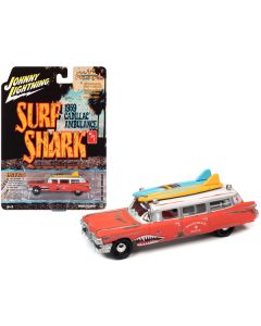 1959 Cadillac Ambulance Red with White Top "Malibu Beach Rescue" (Weathered) with Surfboards on Roof "Surf Shark" "Street Freaks" Series 1/64 Diecast Model Car by Johnny Lightning